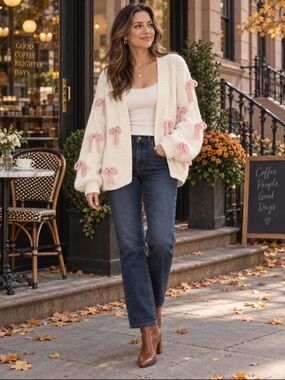 Baevely Cream Chunky Knit Pink Bow Cardigan Size M